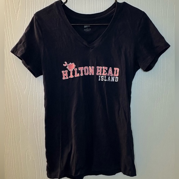 Hilton Head Island navy pink short‎ sleeve v neck casual shirt women’s large - Picture 1 of 7
